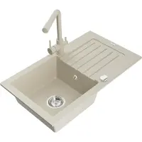 Mexen Pablo granieten gootsteen 1-kompartment met afdruiprek en Duero keukenkraan, beige - 6510-69-671600-69