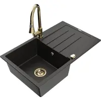Mexen Bruno granieten spoelbak 1-koetje met afdruiprek en keukenmengkraan Elia, zwart/gouden metallic - 6513-75-670101-50