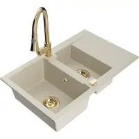 Mexen Gaspar granieten spoelbak 1,5-kamer met afdruiprek en keukenmengkraan Elia, beige - 6507-69-670101-50