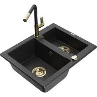 Mexen Carlos granieten gootsteen 1,5-kamer met keukenkraan Flora, zwart/zilver metallic - 6518-73-670401-57-G