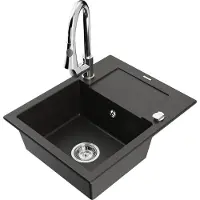 Mexen Enzo granieten spoelbak met één bak met afdruiprek en keukenmengkraan Elia, zwart/goud metallic - 6506-75-670101-00