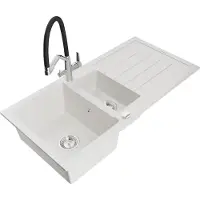 Mexen Andres granieten gootsteen 1,5-kamer met afdruiprek en keukenkraan Duo, wit - 6515-20-671701-07