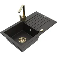Mexen Pablo granieten gootsteen met 1 bak, afdruiprek en keukenmengkraan Rita, zwart/goud metallic - 6510-75-670300-50