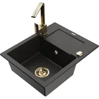 Mexen Enzo granieten spoelbak met 1 kom, afdruiprek en keukenkraan Rita, zwart/gouden metallic - 6506-75-670300-50