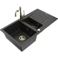 Mexen Matias granieten spoelbak 1,5-komer met afdruiprek en keukenkraan Carla, zwart/goud metallic - 6502-75-670700-50