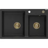 Mexen Tomas granieten gootsteen 2-kamer 800 x 500 , zwart/zilver metallic, gouden sifon - 6516802000-73-G