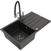 Mexen Bruno granieten gootsteen 1-bak met afdruiprek en keukenkraan Duo, zwart/goud metallic - 6513-75-671701-07-B