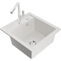 Mexen Vito granieten gootsteen met 1 bak en Flora keukenkraan, wit - 6503-20-670401-02