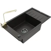 Mexen Elias granieten spoelbak 1-komorig met afdruiprek en keukenmengkraan Rita, zwart/goud metallic - 6511-75-670300-50-B