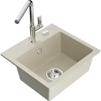 Mexen Milo granieten gootsteen 1-komors met keukenmengkraan Flora, beige - 6505-69-670401-00