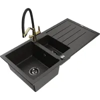 Mexen Andres granieten gootsteen 1,5-kamer met afdruiprek en keukenkraan Duo, zwart/gouden metallic - 6515-75-671701-57-B