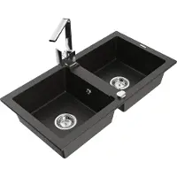 Mexen Mario granieten gootsteen 2-kamer met keukenmengkraan Rita, zwart/goud metallic - 6504-75-670300-00