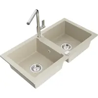 Mexen Mario granieten gootsteen 2-komorige met keukenmengkraan Flora, beige - 6504-69-670401-00