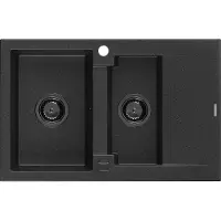 Mexen Gaspar granieten spoelbak 1,5-komoren met afdruiprek 737 x 475 zwart/zilver metallic, zwarte sifon - 6507731505-73-B
