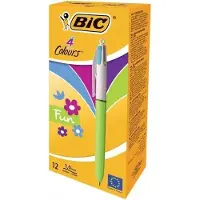 BIC 4 Kleuren Fun Uitschuifbare Balpennen - Roze Paarse Turquoise en Limoengroene Inkt - Hemelsblauw Omhulsel - Doos van 12 Stuks