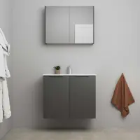 On Line On-Line Badkamermeubelset - 80 cm - Bouwpakket - 2 Deuren met Greep - Porseleinen Wastafel - 1 Kraangat - Spiegelkast - Mat Antraciet