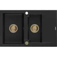 Mexen Gaspar granieten gootsteen 1,5-komers met afdruiprek 737 x 475 , zwart, gouden sifon - 6507731505-77-G