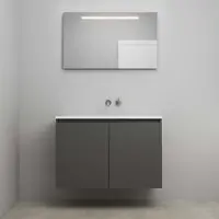 On Line On-Line Badkamermeubelset - 100 cm - Voorgemonteerd - Greeploos 2 Deuren - Acryl Wastafel - zonder Kraangat - Spiegel met LED-Verlichting - Mat Antraciet