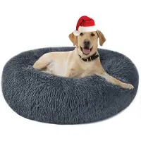 OEM Kattenmand, pluche donut-vormig kussen, geschikt voor kleine, middelgrote en grote honden, katten en andere huisdieren, XXL-maat (80 cm), donkergrijs