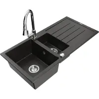 Mexen Andres granieten spoelbak 1,5-komorige met afdruiprek en keukenmengkraan Elia, zwart/goud metallic - 6515-75-670101-00