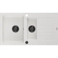 Mexen Matias granieten spoelbak 1,5-komoren met afdruiprek 900 x 505 , wit, zwarte sifon - 6502901505-20-B
