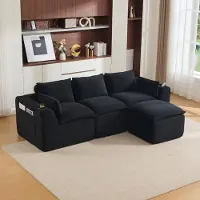 OKWISH driezitsbank met voetsteun en kussens, bank voor de woonkamer met bekerhouders en zijvakken, modulaire bank, fluweel, zwart