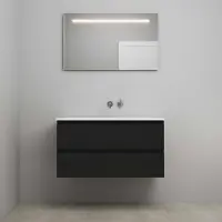 On Line On-Line Badkamermeubelset - 100 cm - Voorgemonteerd - Acryl Wastafel - zonder Kraangat - Spiegel met LED-Verlichting - Mat Zwart