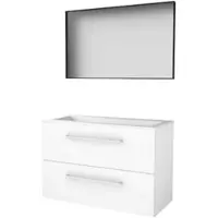 Basic Line Basic-Line Framed 46 badkamermeubelset - 100x46cm - met grepen - 2 lades - acryl wastafel - 0 kraangaten - Spiegel - mat zwart aluminium frame - rondom - MDF lak Ice White 1813999