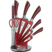 Cheffinger Professionele messen set, 8-delig, met messenblok. Zeer hoogwaardige, zelf slijpende messen. Keukenmessen set, koksmes, roestvrij staal, kleur rood