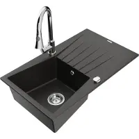 Mexen Cesar granieten spoelbak 1-koer met afdruiprek en keukenmengkraan Elia, zwart/goud metallic - 6514-75-670101-00