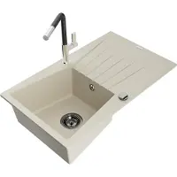 Mexen Cesar granieten spoelbak met 1 bak en afdruiprek en Flora keukenkraan, beige - 6514-69-670401-07-B
