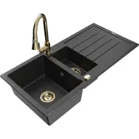 Mexen Andres 1,5-baks granieten gootsteen met afdruiprek en keukenmengkraan Elia, zwart/zilver metallic - 6515-73-670101-50