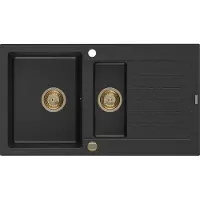 Mexen Matias granieten spoelbak 1,5-komor met afdruiprek 900 x 505 , zwart/zilveren metallic, gouden sifon - 6502901505-73-G