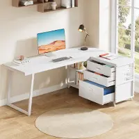 Tribesigns L-vormig bureau met 3 lades, omkeerbaar hoekbureau voor thuiswerkplek met planken, industrieel design, 135 cm, werktafel, wit