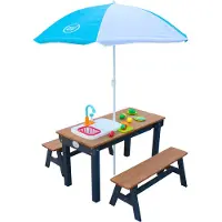 Axi Dennis Zand & Water Picknicktafel met Speelkeuken wastafel en losse bankjes Antraciet/bruin - Parasol Blauw/wit