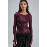 Busem Aangesloten Lange Mouwen Flockprint Tulle Blouse