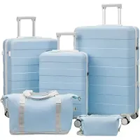 Happiq Reisset – Voor reizigers – 5-delig, lichtgewicht en duurzaam – Lichtblauw, met reistas, toilettas, TSA-slot en spinnerwielen