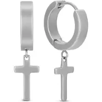 Frank 1967 7FE-0009-S Stalen Oorringen met Hanger Kruis - Heren - 16mm Doorsnee - 4mm Breed - Kruis 13x8mm - Staal - Zilverkleurig