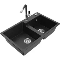 Mexen Tomas granieten spoelbak met 2 kamers en keukenkraan Flora, zwart/zilver metallic - 6516-73-670401-07