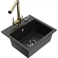 Mexen Milo granieten gootsteen 1-komorige met keukenmengkraan Duero, zwart/goud metallic - 6505-75-671600-50-B