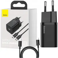 Baseus Super Si Snellader 25W USB-C naar USB-C Oplader EU Set - Zwart