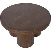 Atmooz Burnham Salontafel – Ø70 x H37 cm – Donker Walnoot – Houtlook Eikenfineer – Ronde Coffee Table – Modern Design met 3 Cilinderpoten – Luxe Lage Tafel Woonkamer – Bruin