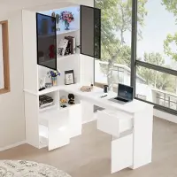 MODFU Hoekbureau Met Kast En LED-Vitrinekast - 120x80x180 cm - Met Opbergruimte, 3 Lades & Kabeldoorvoer - Modern Design - MDF - Wit - Bureau Met Opbergruimte voor Thuiswerken