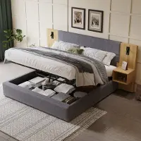 MODFU Opbergbed met 2 Nachtkastjes – 160x200 cm – Hydraulisch & USB – Fluweel – Grijs & Naturel