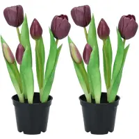 DK Design Kunst tulpen Holland in pot - 2x stuks - donker paars - real touch - 26 cm - levensechte kunstbloemen