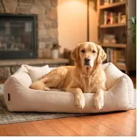 4L Textil Teo behaaglijk hondenbed, hoes afneembaar en wasbaar, voor middelgrote honden, hondenkussen, wollige hondenmand, hondenbank, 100 x 80 cm, beige
