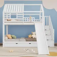 Sweiko etagesbed met trap en glijbaan, huisbed, trap met opbergruimte, frame van grenenhout en MDF, kinderbed met raam en dak, met valbeveiliging en lade, wit, 90x200cmx2