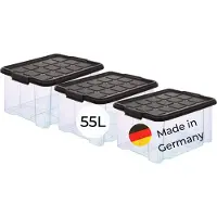 Novaliv 3x Opbergdozen met deksel Groot 55L Antraciet Nestbaar Stapelbaar met clipsluiting Rolboxen Kunststof BPA-vrij 61x40x32,5 cm
