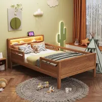 Merax houten bed 90x200 cm met USB- en Type-C-stopcontact, kinderbed/enkelbed met LED-verlichting en opbergkussen, multifunctioneel bed van grenenhout, naturel