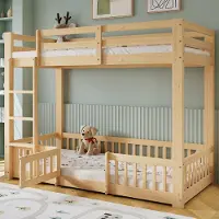 Sweiko etagesbed, houten bed, grenen + LVL, met rechte trap, met leuning en deur, met valbeveiliging, voldoende ruimte onder het bed voor opbergmogelijkheden, naturel, 90x200 cm